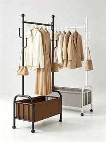 1pc Floor Standing Coat Rack With Wheels, Equipped With Storage Basket, Movable Floor Hanger, With Rollers And Side Hooks, Easy To Move, Space Saving, Sturdy Metal Hanger, Suitable For Bedroom And Entryway, 2 Colors Available - Multicolor - View 4