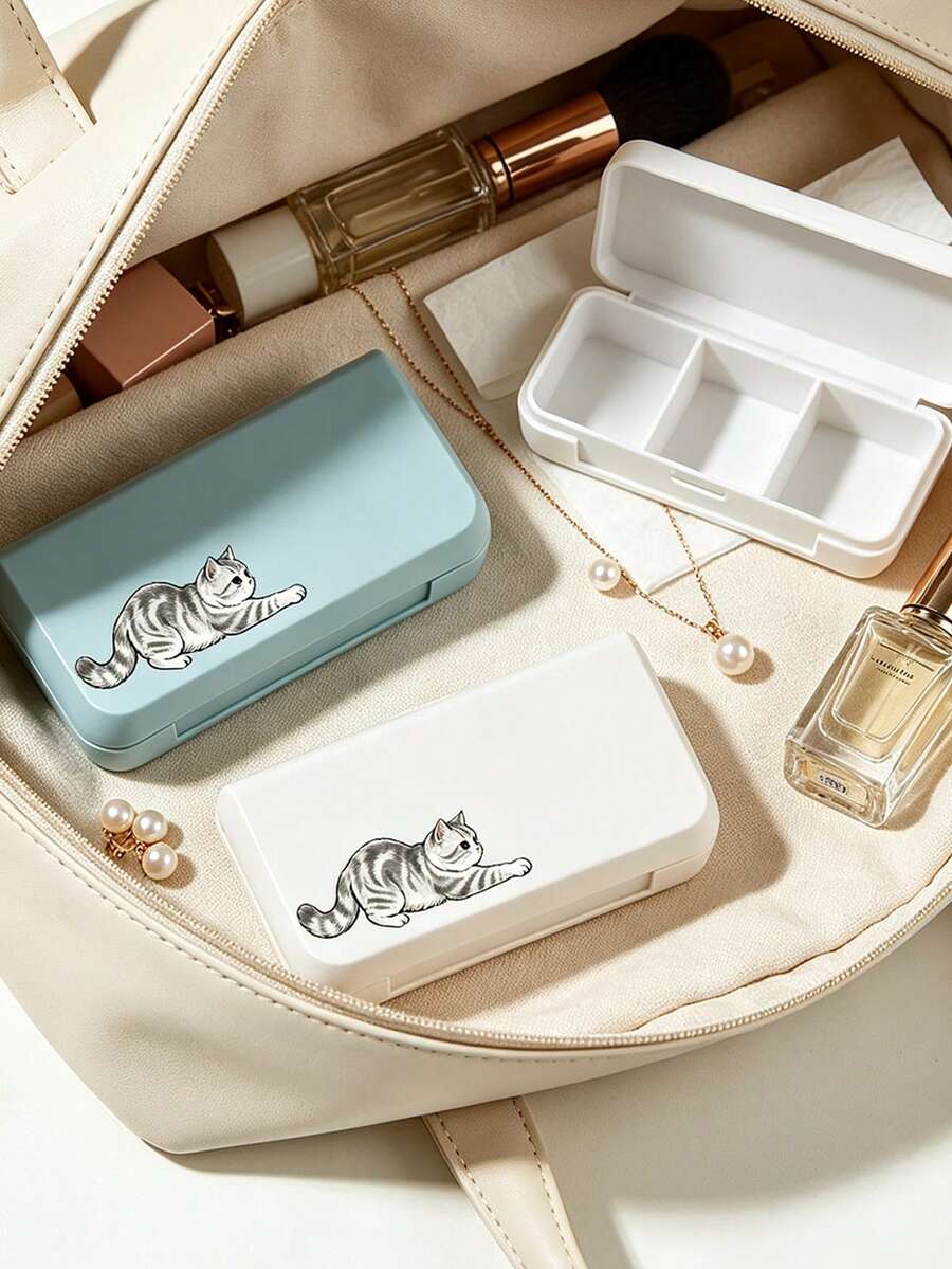 Cat Print Portable Makeup & Jewelry Storage Box, 3 Compartment Flip Lid Small Travel Organizer Case For Earrings Rings Necklaces, Dressing Table Cosmetic Storage Gift For Women, Travel Mini Pill Storage Box, Portable Flip Lid Jewelry Organizer, Christmas/Valentine's Day/Birthday/Mother's Day Gift - Multicolor - View 1