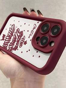 Matte Stepped Eye Frame Phone Case, Burgundy Frame Phone Case, Minimalist White Background Hand-Drawn Graffiti Christmas Tree Letter Print Raised Camera Protection Anti-Drop Soft TPU Protective Shell, Compatible With Apple 11, 12, 13, 14, 15, 16, 17, 18 Pro Max. Minimalist Neutral Style Phone Case, Designed For Women - Burgundy - View 4