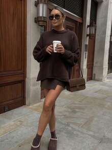 Dark Brown Round Neck Oversized Loose Drop Shoulder Design Flattering Slimming Soft Warm Knit Sweater For Autumn/Winter - Coffee Brown - View 4