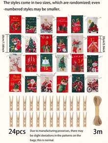 24pcs 2026 Christmas Advent Calendar Number Bags, Christmas Gift Burlap Drawstring Bags, 24-Day Christmas Countdown Calendar Bags, Reusable DIY Countdown Advent Calendar Set, Includes Rope And Clips, Christmas Home Decor Gift - Multicolor - View 10