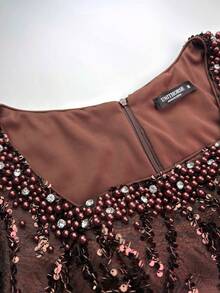 UNITHORSE [Random Cut]Square Neck Long Sleeve Cinched Waist Sequin Evening Gown Dress - Coffee Brown - View 4