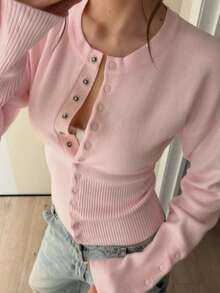 Elegant Intellectual Solid Color Button-Up Cardigan For Women, Suitable For Holiday, Travel, Date, Autumn/Winter - Pink - View 1