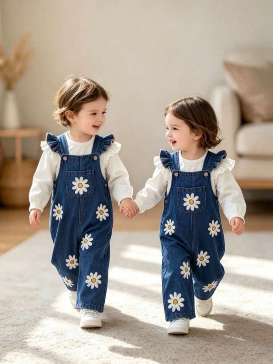 1pc Cute Floral Pocket Decor Baby Girl Romper, Summer & Autumn - Blue - View 1