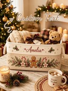 Personalized Christmas Storage Basket, Customized Embroidered Name Holiday Basket, Holiday Books And Toys Organizer, Cozy Christmas Home Decor, Customized Gift For Family, Fireplace And Living Room Decoration - Multicolor - View 5