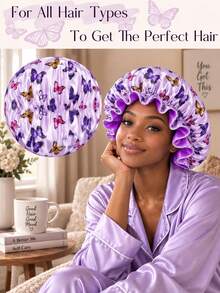 CONFLASS Women Cute Butterfly Print Satin Sleep Bonnet, Elastic Ruffle Edge Silky Smooth Night Hair Cap,Breathable Comfort Sleeping Bonnet Specially For Curly, Natural, Braided, Long Hair, Fit For All Hair Types Home Bedroom Hair Accessories For Ladies - Multicolor - View 1