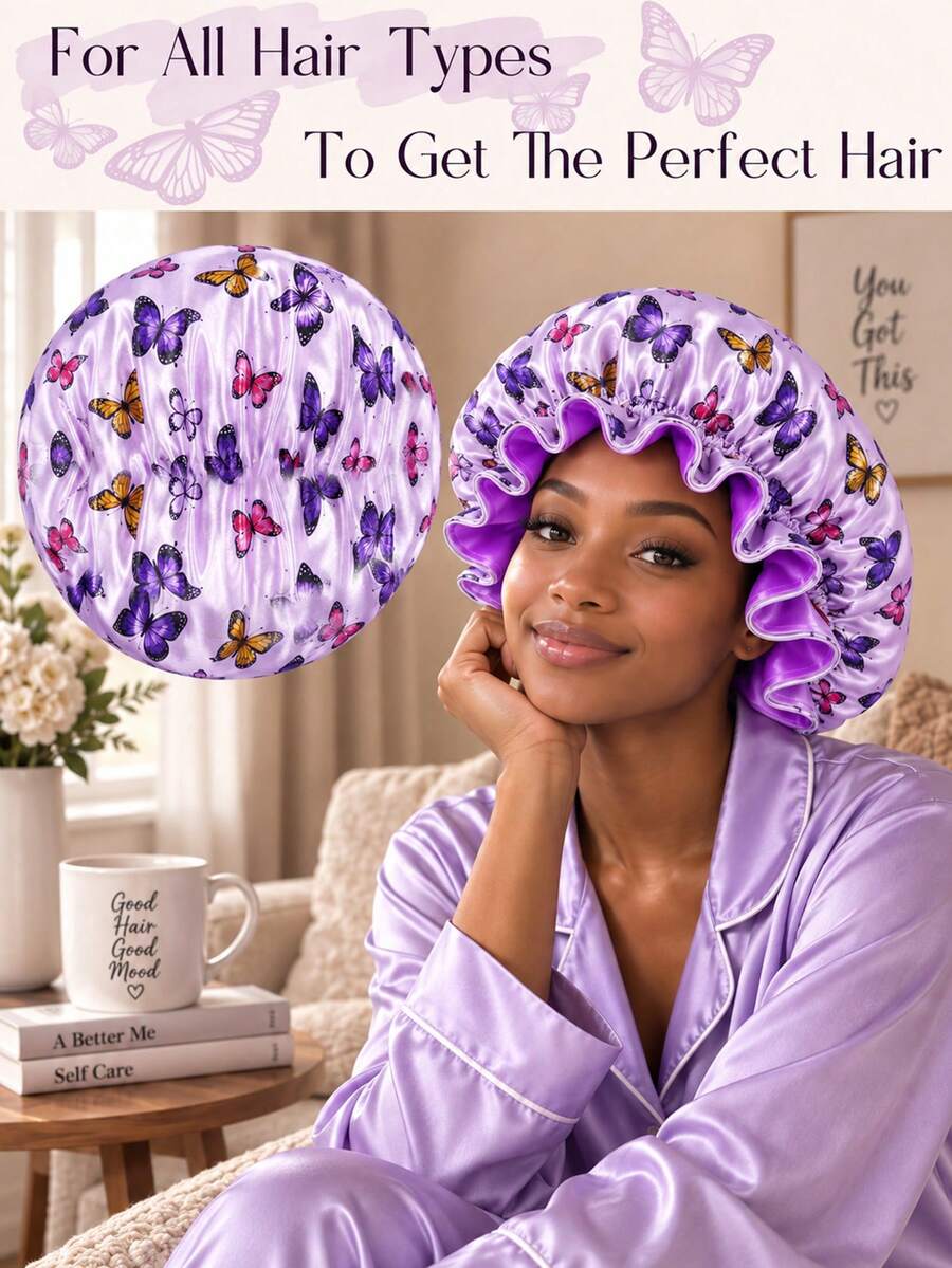 CONFLASS Women Cute Butterfly Print Satin Sleep Bonnet, Elastic Ruffle Edge Silky Smooth Night Hair Cap,Breathable Comfort Sleeping Bonnet Specially For Curly, Natural, Braided, Long Hair, Fit For All Hair Types Home Bedroom Hair Accessories For Ladies - Multicolor - View 1
