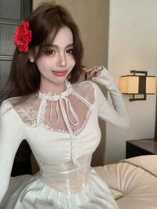 法式蕾絲拼接綁帶長袖女款春季修身打底上衣 - 白色 - 查看 6