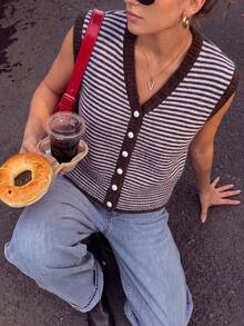 Autumn Striped V-Neck Front Button Knit Vest, Thanksgiving Layering Outerwear Top, Suitable For Weekend Gatherings And Daily Outings - Brown - View 2