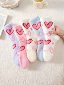2 Pairs White & Pink Fuzzy Women's Mid-Calf Socks, Heart Pattern Warm Socks, Soft & Comfortable, Random Color - Multicolor - View 7