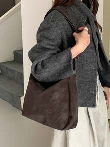 復古梅納德絲絨女款斜挎單肩包 2026新款秋冬百搭大容量通勤托特包 - 咖啡 - 查看 5