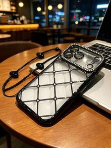 Heart-Shaped Phone Lanyard Rhinestone Quilted Electroplated TPU Phone Case Protective Cover Compatible With IPhone 17/18/11/11 Pro/11 Pro Max/12/Phone 12 Pro/11 Pro Max/12/12 Pro/12 Pro Max/13/13 Pro/13 Pro Max/14/14 Pro/16 Plus/14 Pro Max/15/15 Pro/15 Plus/15 Pro Max/17PROMAX/16PM/Protective Shell - Black Phone Case and Lanyard - View 9