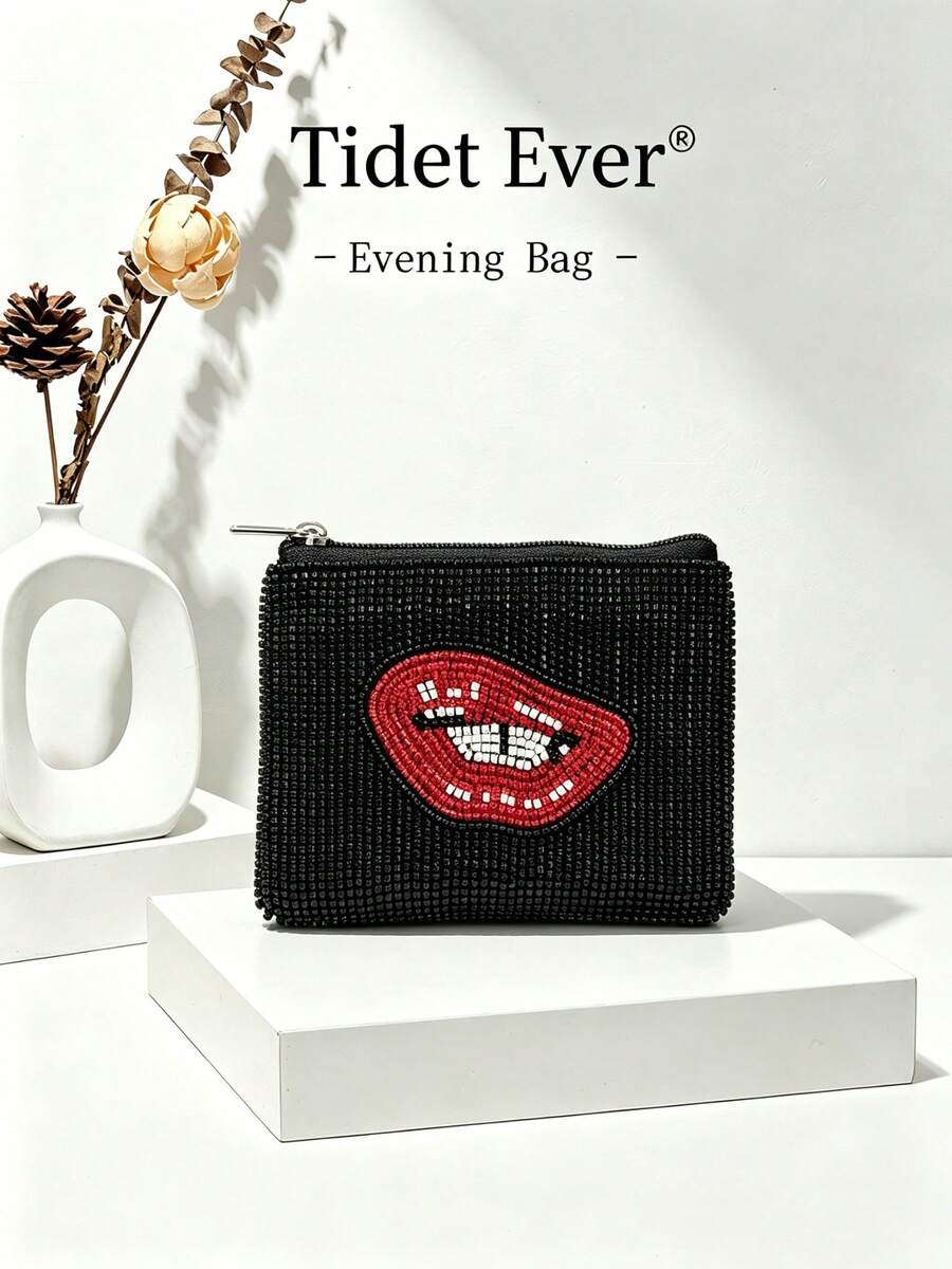 Fashion Beaded Red Lips Coin Purse Women's Cute Mini Zipper Storage Bag ...
