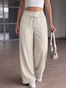 GLAMSKIN Women's Autumn Basic Drawstring Elastic Waist Wide Leg Pants, Stitching Detail Loose Long Pants, Suitable For Back To School, Church, Outings And Streetwear Casual Bottoms - Apricot - View 6