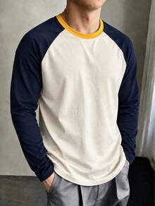 Men's Patchwork Slim Fit Raglan Sleeve Crew Neck Long Sleeve T-Shirt - Apricot - View 7