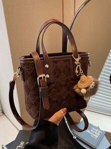 Handbag, Small Square Shape, With Dual Short Handles, Body Features Diamond Quilted Embossed Pattern, Decorated With Cute Charms, Can Be Added Shoulder Strap For Crossbody. Bag Capacity Suitable For Storing Small Personal Items, Dual-Use For Handheld And Crossbody, Exquisite And Minimalist Design, Suitable For Daily Outings. - Coffee - View 4