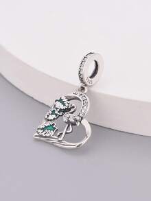 HuooNew 1pc 925 Sterling Silver Flamingo Heart Pendant Bead, Zirconia Enamel Pendant, Women's Silver Jewelry, Halloween DIY Bracelet Accessory - Silver - View 3