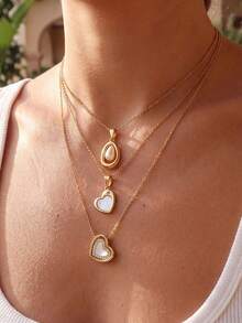 1pc Gold Tone Layered Pendant Necklace, Teardrop & Heart Shape Shell Inlaid Dainty Stackable Necklace For Women Daily Vacation Jewelry Gift - Gold - View 7