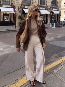 Women's Beige Geometric Color Block Striped High Waist Pleated Wide Leg Suit Pants, Button Fly Draped Floor-Length Casual Straight Leg Trousers - Multicolor - View 2