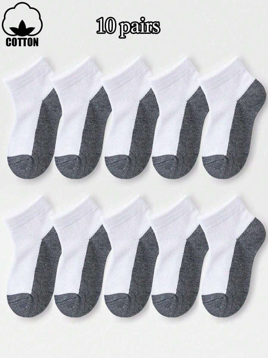 10 Pasang Kaos Kaki Kasual Abu-abu & Putih Berbahan Jala, Bernapas, Elastis, Setinggi Betis, Kaos Kaki Olahraga Penyerap Keringat untuk Pelajar - Light Grey - View 1