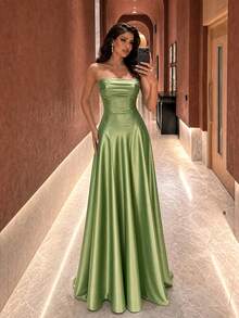 UNITHORSE Spaghetti Strap Lace-Up Backless Satin Evening Gown Dress - Avocado Green - View 1