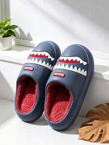 Winter Men's Cartoon Shark Head Slippers, Plush Lining, Thick Sole Lightweight Warm, Fun Home Bedroom Dorm Slippers - Navy Blue - View 4