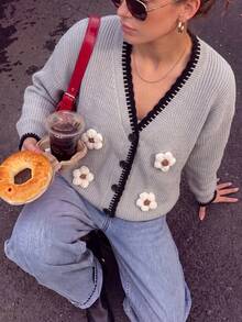 Women's Winter 3D Floral Knit Cardigan - Contrast Trim Cardigan, Christmas New Year Holiday - Grey - View 2