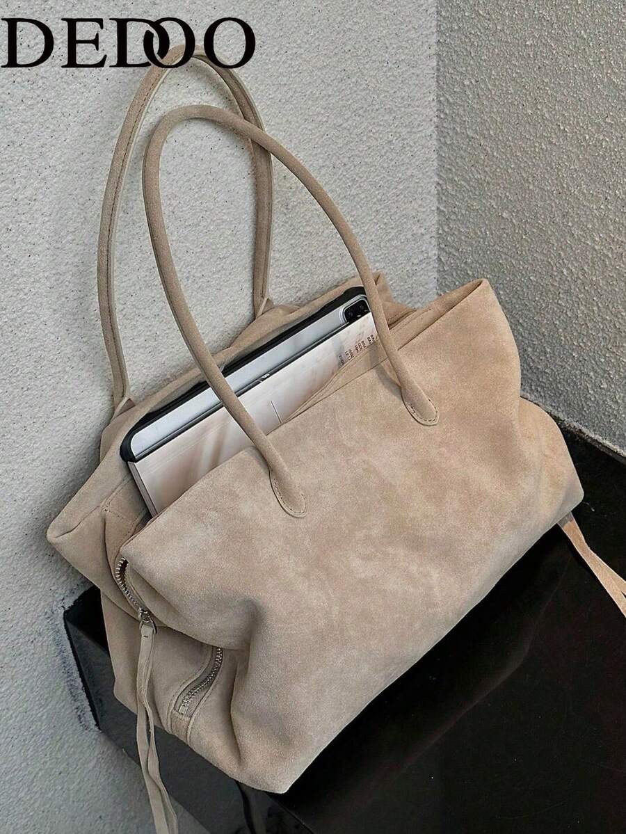 Dedoo Tas Tote Bahu Multi-Kompartemen Bahan Suede Imitasi Desain Niche Baru Musim Gugur/Dingin, Tas Tangan Wanita Minimalis Berkualitas Tinggi Kapasitas Besar untuk Komuter - Khaki - View 1
