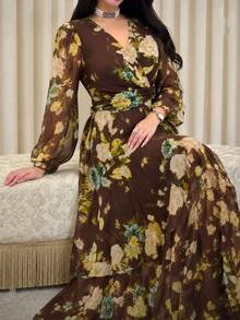 Plus Size Women's Elegant Modern Romantic Floral Fashion Slimming Luxury Dress - Coffee Brown - View 3