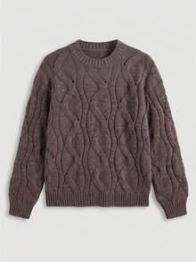 Just Masa Women's Autumn/Winter Casual Cable Knit Sweater, Solid Color Long Sleeve Ribbed Knit Pullover, Suitable For Daily Wear, Outings, Dates, Commuting - Dark Brown - View 3