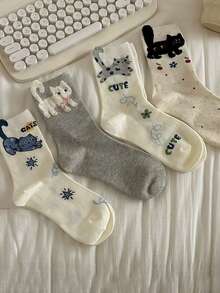 1/4/8 Pairs Cartoon Cat Mid-Calf Socks For Women, With Cute Lettering, Ins-Style, Versatile Socks - Multicolor - View 4