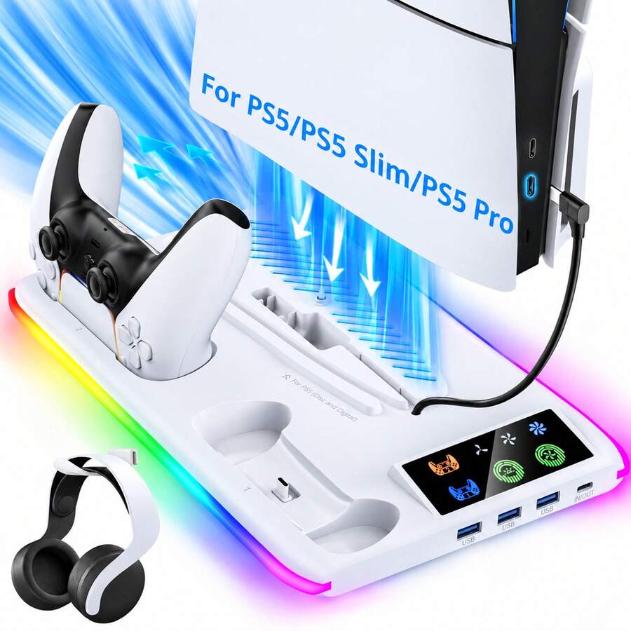 Multi-Functional Cooling Base For P5, P5 Slim, P5 Pro; Fast Charging Station For P5 Controller, Equipped With Charging Indicator, RGB Lighting, USB Port And Headphone Stand. Compatible With P5 Console And P5 Controller.