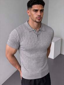ZYNTH BALENO Men's Summer Fashion Cable Knit Slim Fit Regular Shoulder POLO Collar Short Sleeve Sweater, Suitable For Outdoor Sports, Gym Workouts - Light Grey - View 1