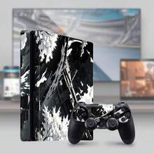 Ink Wash Landscape Pattern Vinyl Sticker Set Compatible With PS4 Slim, Full Set Includes Console Sticker + 2 Controller Stickers, High-Quality PVC Material, Scratch-Resistant And Wear-Resistant, Removable Without Residue Game Console Decorative Film - View 2