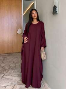 Solid Color Loose Long Sleeve Abaya Round Neck Flowy Conservative Muslim Women's Maxi Dress - Multicolor - View 2