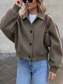 Notched Collar Wool Ribbed Hem Jacket, Casual Daily Home Street Travel Outerwear, Autumn/Winter - Coffee Brown - View 3
