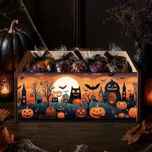 1pc Orange Sunset Halloween Wooden Storage Box, Cartoon Cat Shaped Ghost House Pumpkin Bat - Orange - View 3