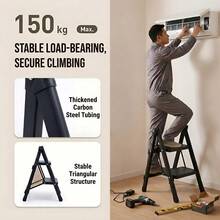2-Step Folding Ladder, Lightweight Design, Anti-Slip Steps & Feet, 150kg Max Capacity, 4.9cm Folded Thickness, Black - Black - View 3