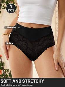 MEIYATING 4pcs Women's Panties Thong Lace Trim Mesh Patchwork Soft Comfortable Sexy Lingerie Triangle Briefs - Multicolor - View 3