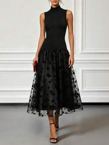 Black Elegant Sleeveless Mock Neck Fall Party Dresses For Women Knit Top Patchwork Mesh A-Line Midi Dress Formal Evening Prom Graduation Ball Dress - Black - View 6