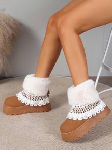 Women Faux Suede Ankle Snow Boots White Faux Fur Cuff Lace Crochet Trim Platform Thick Sole Winter Booties - Camel - View 5