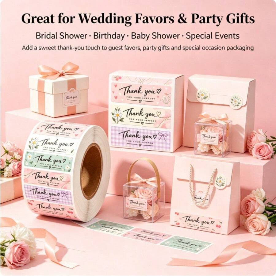 500Pcs Thank You Sticker Roll 6 Styles Pastel Floral Fruit Self-Adhesive Labels, Decorative Packaging Sealing Stickers For Small Business Gift Bags Envelopes Handmade Goods Party Favors - Multi-color - View 1