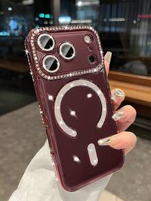 Luxury Electroplated Cherry Red Rhinestone Sparkling Magnetic Apple Phone Case, Full Coverage Anti-Drop Protective Soft Shell, Suitable For Phone 18 Pro Max/18 Pro/18/17 Pro Max/17 Pro/1 - Cherry Red Magnetic - View 3