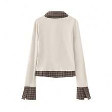 New Plaid Patchwork 2 In 1 Layering Base Top Women's Autumn Niche Slim Fit Polo Long Sleeve T-Shirt - Khaki - View 8