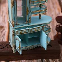 Miniature Vintage Distressed Carved Storage Cabinet Display Case Miniature Model, Dollhouse DIY Furniture Accessory, Model House Living Room Scene Decoration Ornament And Photography Prop, Micro Landscape Handmade Craft, Perfect Holiday Gift Choice, Model Collectible - Blue - View 4