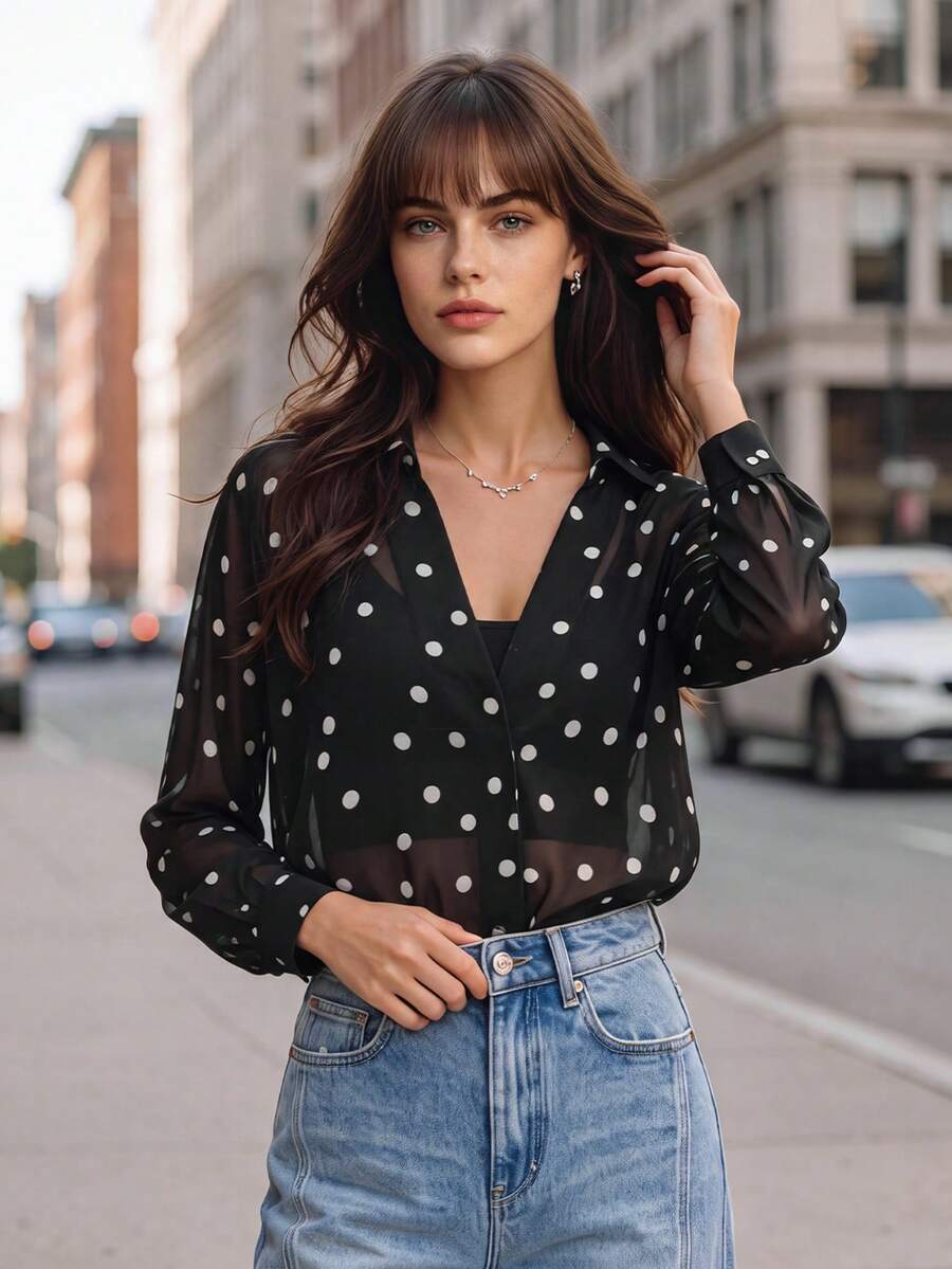 Women Fall Polka Dot Sheer Blouse, Collared V‑Neck Long Sleeve Loose Chiffon Shirt Top - Black and White - View 1