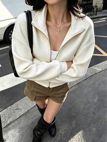 Solid Color Zip-Up Jacket, College Style, Daily Wear, All Seasons - Off-white - View 1