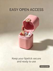 Armani Nude Pink Luxury PU Leather Portable Lipstick Storage Box With Metal Round Buckle Dust-Proof Lip Balm Protective Tube Travel Carry-On Multi-Functional Makeup Organizer For Earrings And Mini Perfume - Pink Lipstick Organizer - View 2