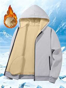 Men's Wool Lining Full Zip Hooded Jacket, Casual Solid Color Hooded Sweatshirt, With Zipper Pockets, Regular Fit Daily Wear Jacket - Light Grey - View 1