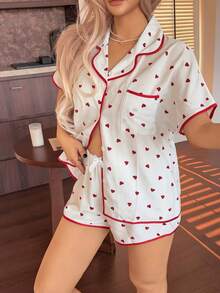 2pcs Women's Comfortable Red Heart Print Short Sleeve Collared Top And Shorts Pajama Set, Suitable For All Seasons - White - View 4